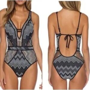 Becca by Rebecca Virtue Black White Crochet Lace Up One Piece Swimsuit Large